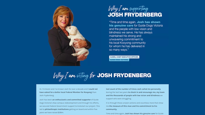 A blue flyer featuring a woman holding a puppy with text outlining her endorsement of politician Josh Frydenberg.