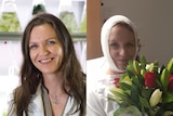 Left: A smiling woman with long hair in a lab coat. Right: The same woman has her head bandaged in hospital