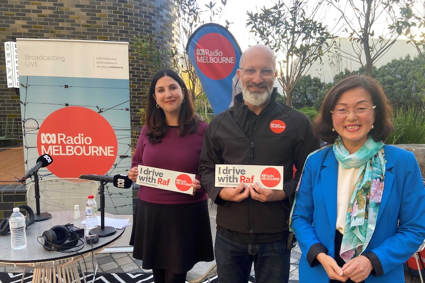 Outdoor shot of Carina Garland, Raf Epstein and Gladys Liu from left.