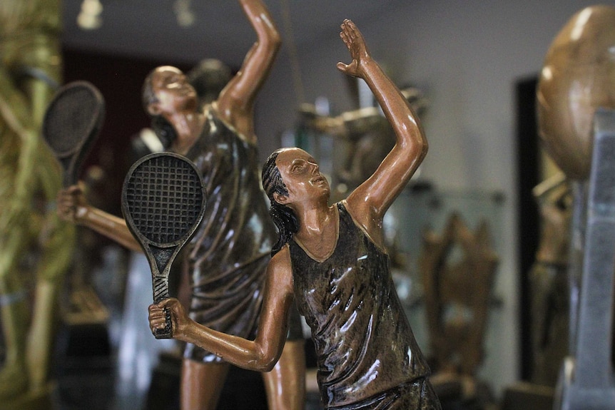 Sports trophies at a shop in Perth.