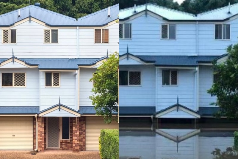 A composite image of a house before and after the flood.