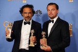 Alejandro Gonzalez Inarritu and Leonardo DiCaprio with their Golden Globes for The Revenant