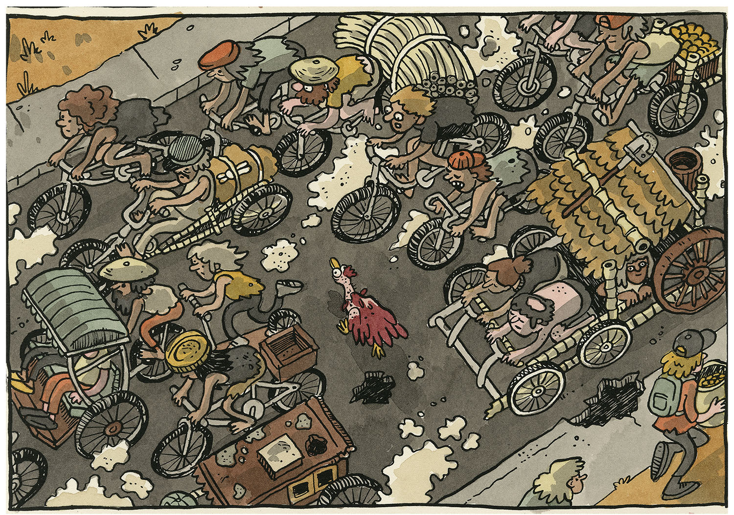 An illustration shows a bird's eye view of a bicycle race, with a chicken running through the crowd