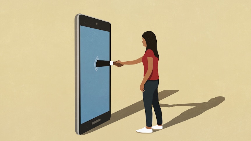 An illustration of a giant smartphone with a hand reaching out of it, to shake the hand of a woman standing in front of it.
