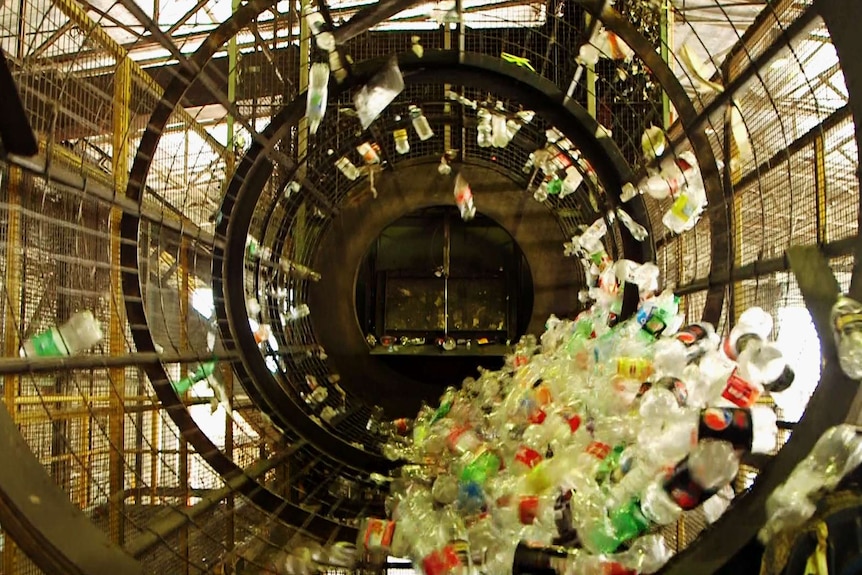 Bottles being sorted at an Adelaide recycling depot.