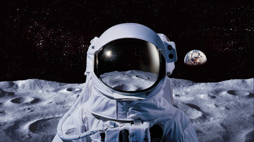 Astronaut on moon with earth in background
