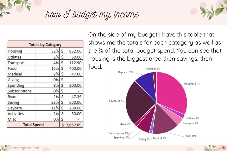 A table and graph with Nataasha's budget by category. The largest is housing, followed by savings.