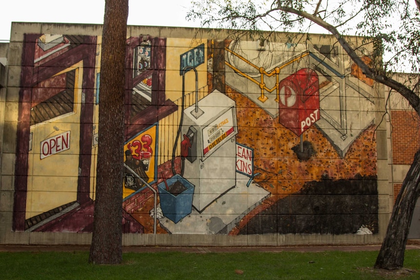Jessee Lee John's mural on the Curtin creative arts building.
