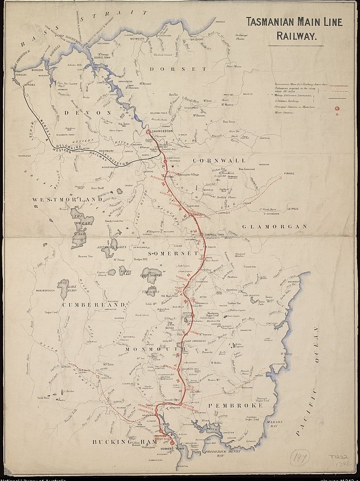 Map of a railway in Tasmania circa 1880