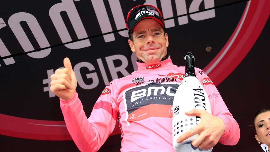 Cadel Evans in the Giro d'Italia leader's pink jersey