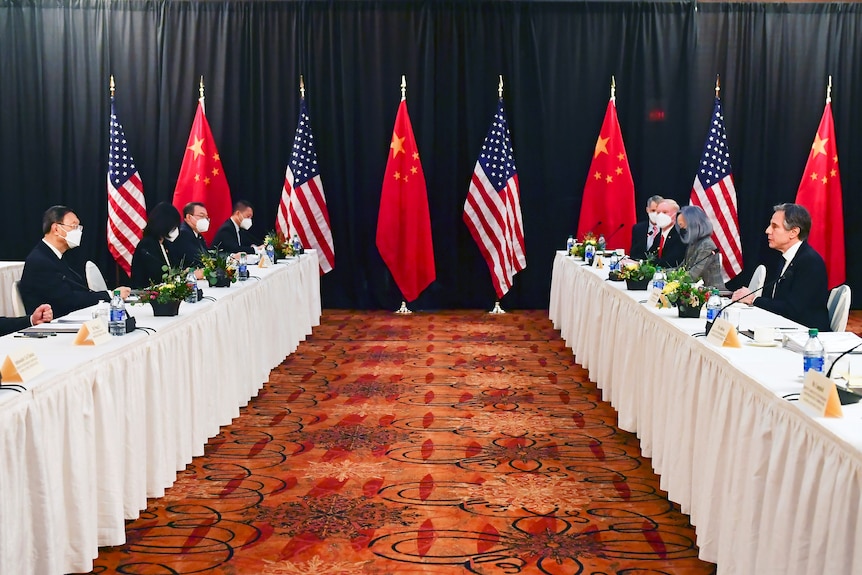 US China talks Alaska diplomats at table