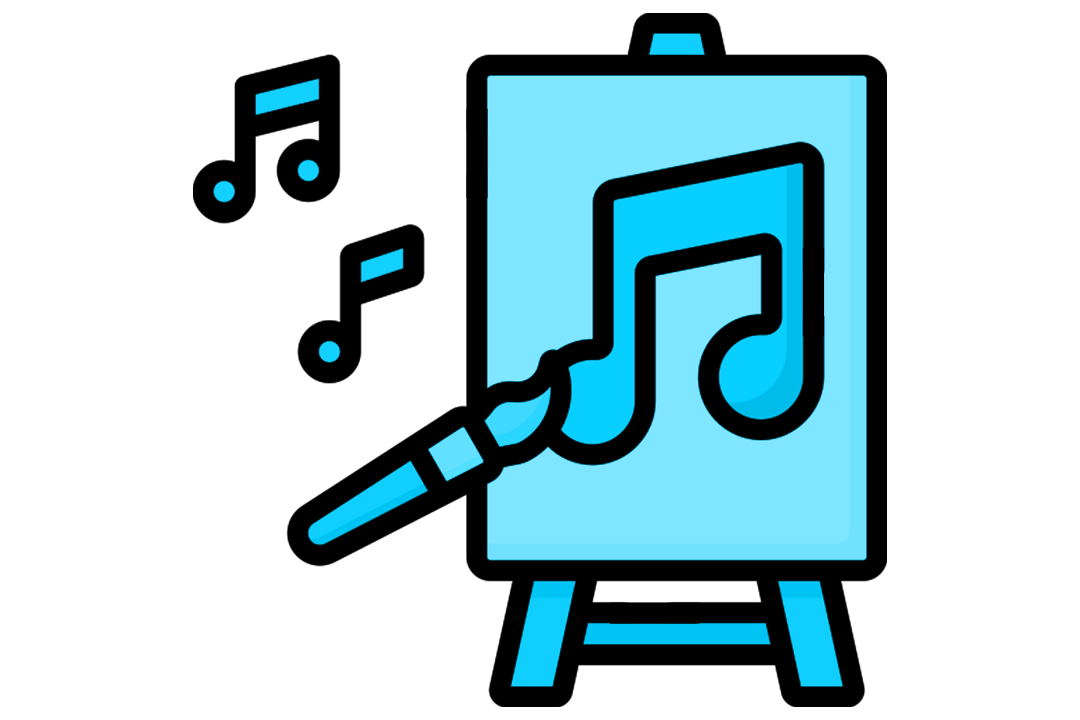 A blue graphic of music notes and an easel being painted