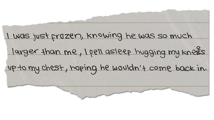 Handwritten words: "I was just frozen, knowing he was so much larger than me".