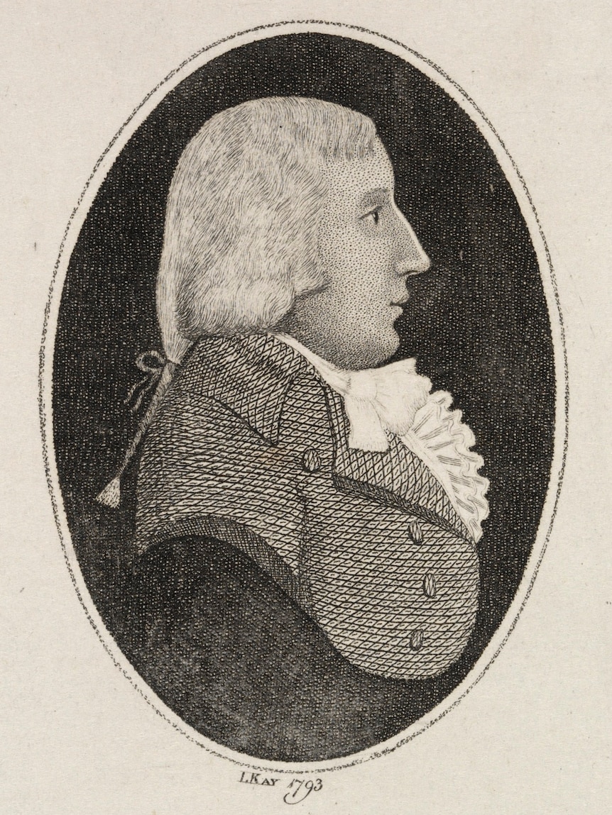 A late 1700s drawing of the head and shoulders of a man with light hair and fancy clothes