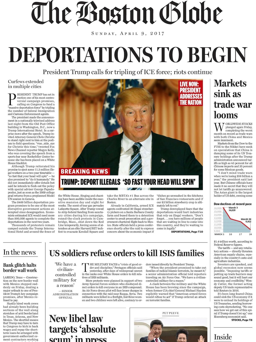 The front page of The Boston Globe imagining a Donald Trump presidency.