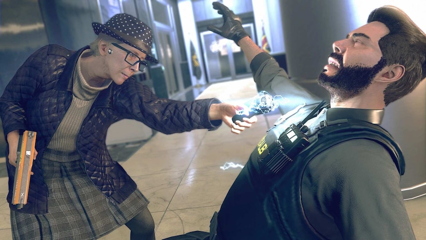 A screenshot from Watch Dogs Legion, showing an elderly character tasering a security guard.