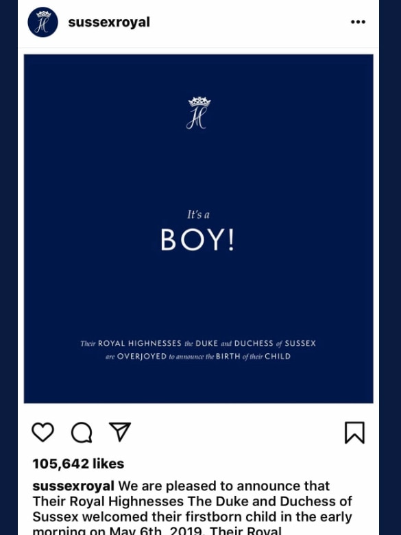 A screenshot of the couples Instagram account @Sussexroyal announcing: "It's a BOY"