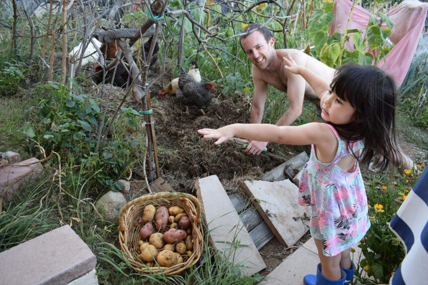 Mike and Dominique are surrounded by veggies, green things growing and chickens.