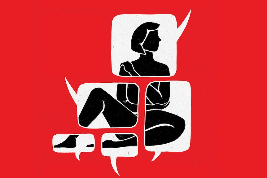 Inside five white and empty speech bubbles grouped together is a silhouette of a women sitting on ground, both on red background