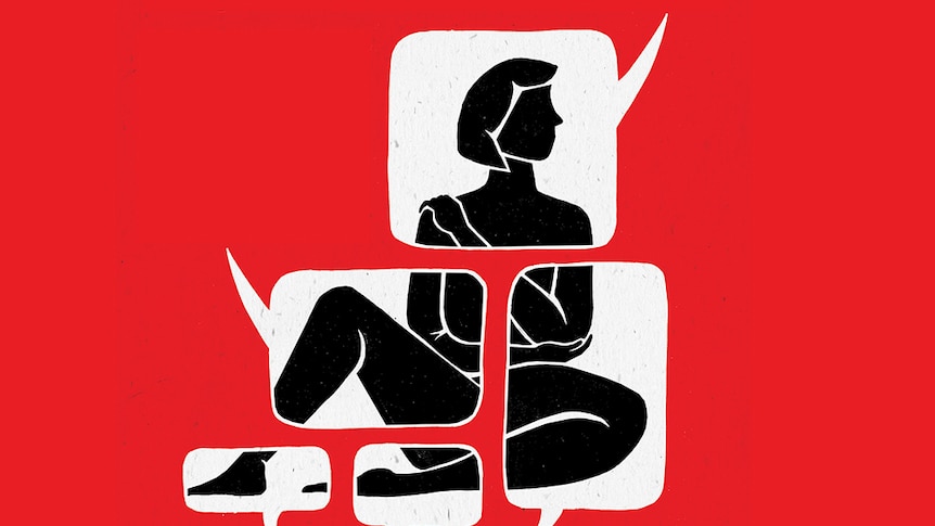 Inside five white and empty speech bubbles grouped together is a silhouette of a women sitting on ground, both on red background
