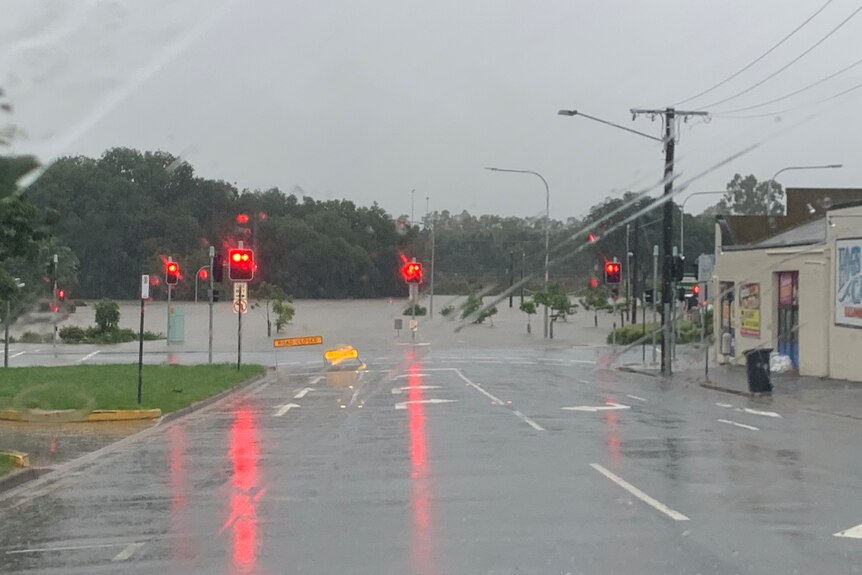 Traffic lights on a road covered with water 