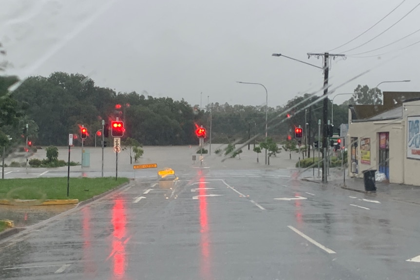 Traffic lights on a road covered with water 