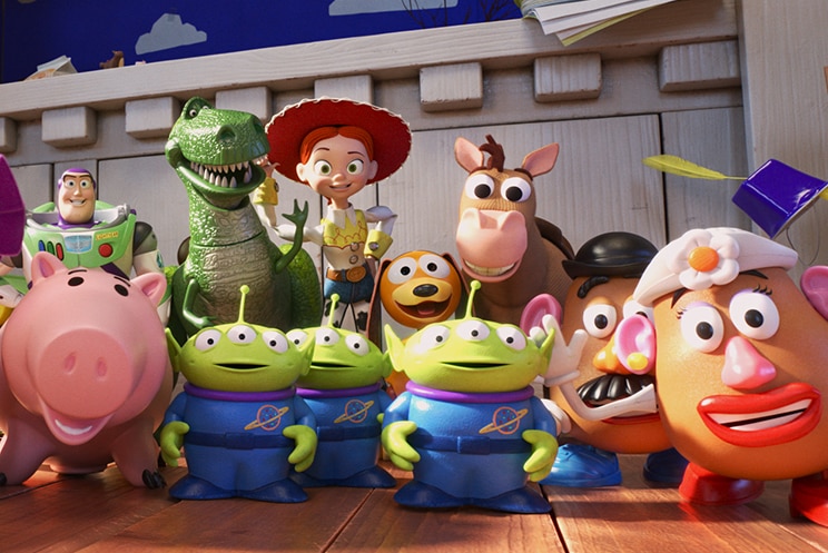 Colour still of various Toy Story characters standing in two rows in 2019 animated film Toy Story 4.