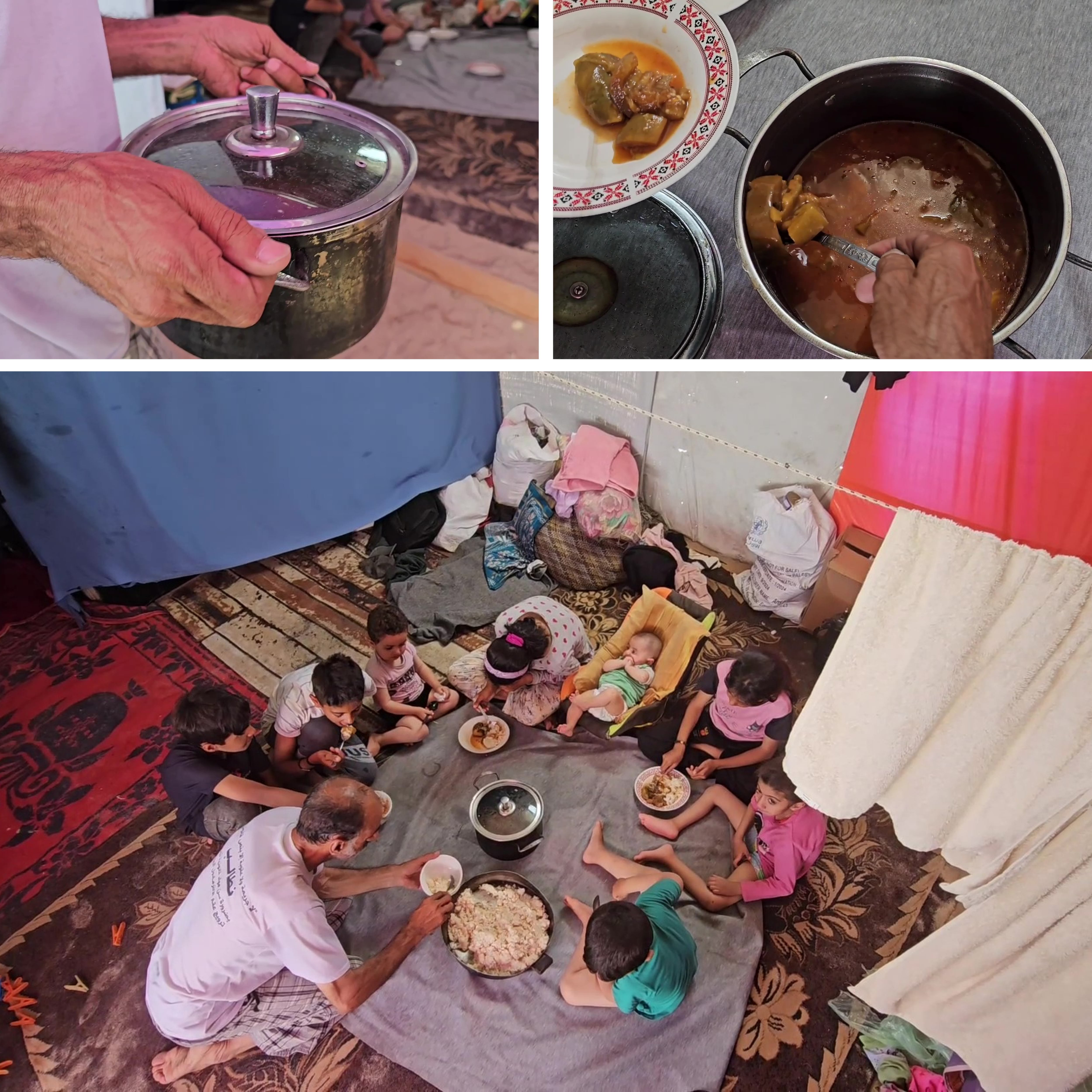 A grid of photos of a man opening a pot of food and pouring in plates for children surrounding him
