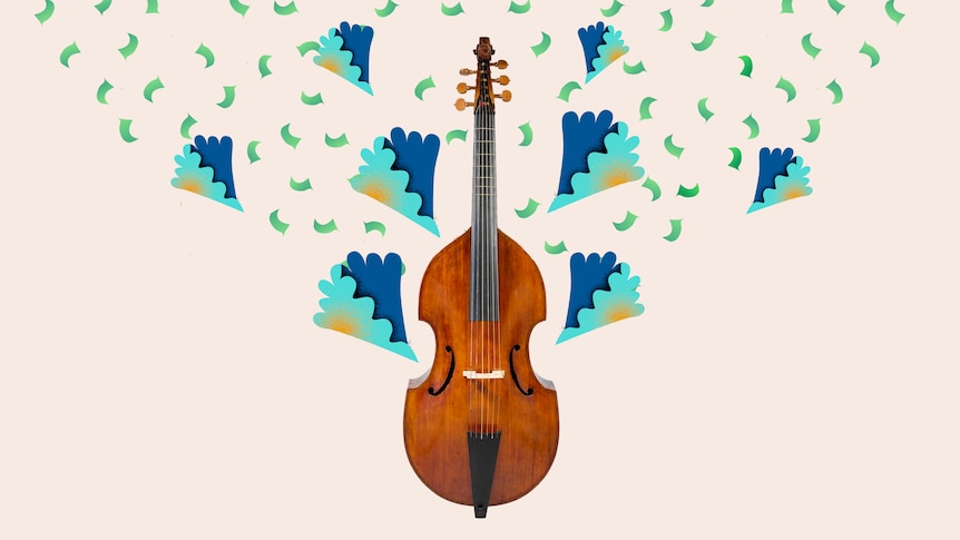 An image of a viola da gamba against a pale pink background with blue and green flares and confetti representing sound.