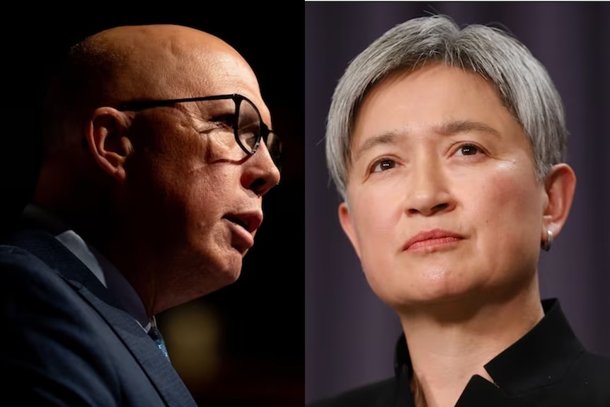 Side by side photos of Peter Dutton giving a speech and Penny Wong looking serious