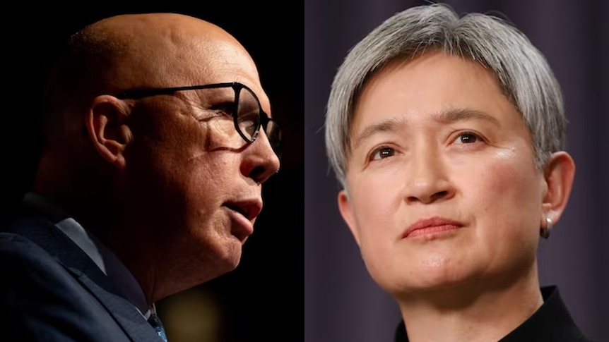 Side by side photos of Peter Dutton giving a speech and Penny Wong looking serious