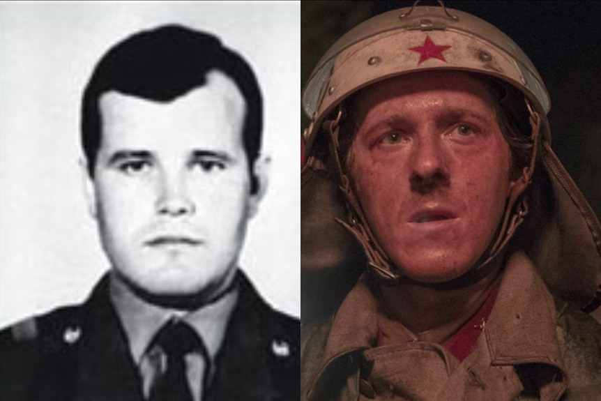 Left: headshot of the real Vasily. Right: Actor Adam dressed as a firefighter