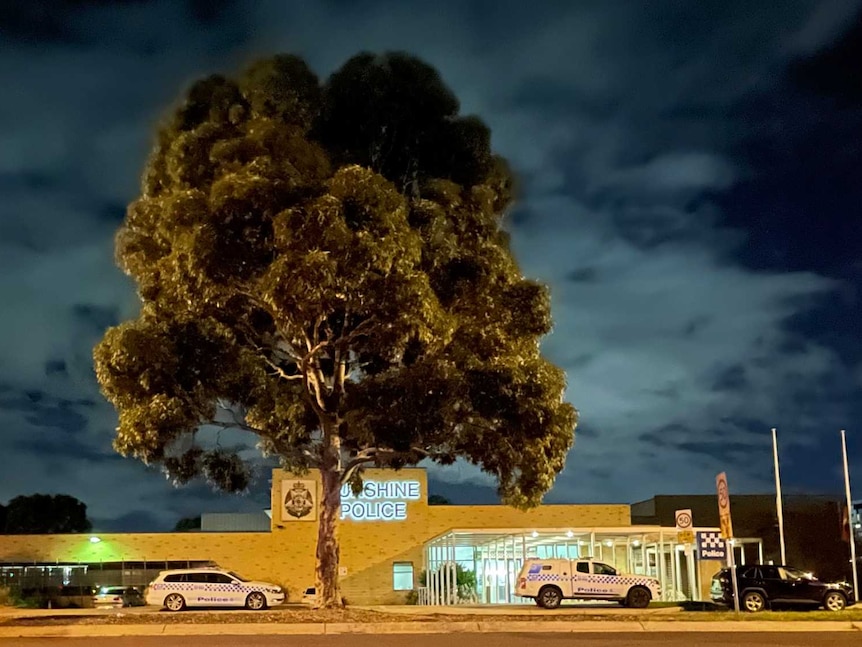 A large tree and two police cars can be seen in front of Sunshine police station at night.