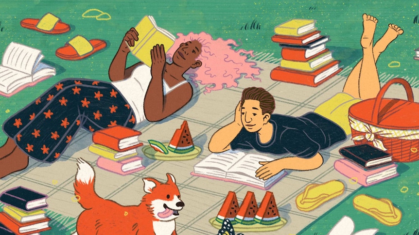 An illustration of two people lying on a picnic blanket reading books and surrounded by piles of books