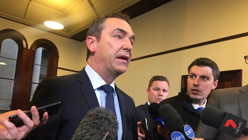 Steven Marshall speaks into microphones held out by journalists