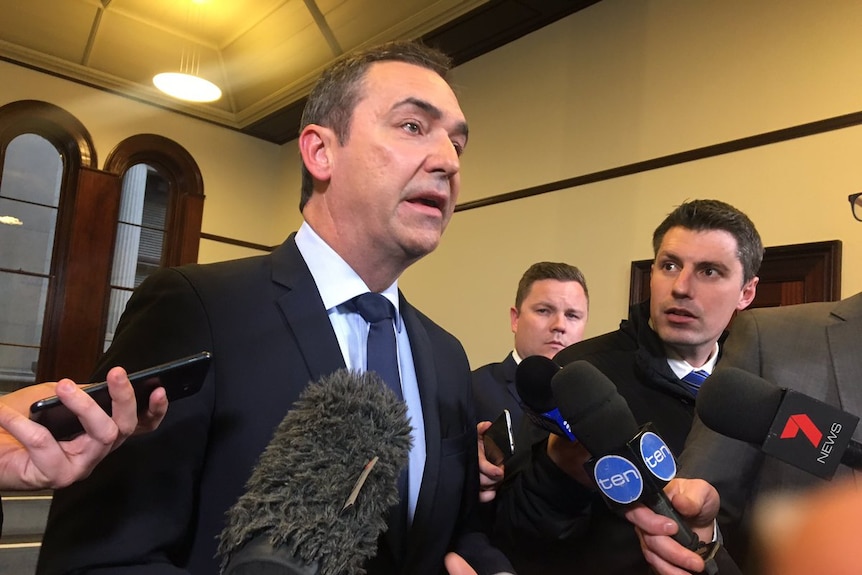 Steven Marshall speaks into microphones held out by journalists