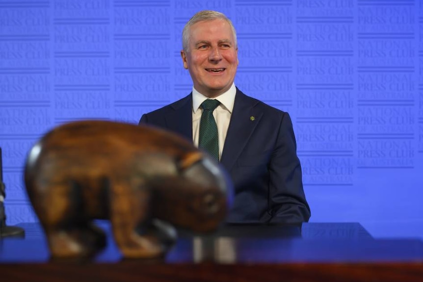 Michael McCormack with wombat in Press Club.