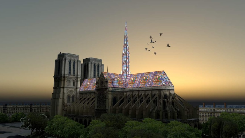 A concept image of the Notre Dame roofed with stained glass.