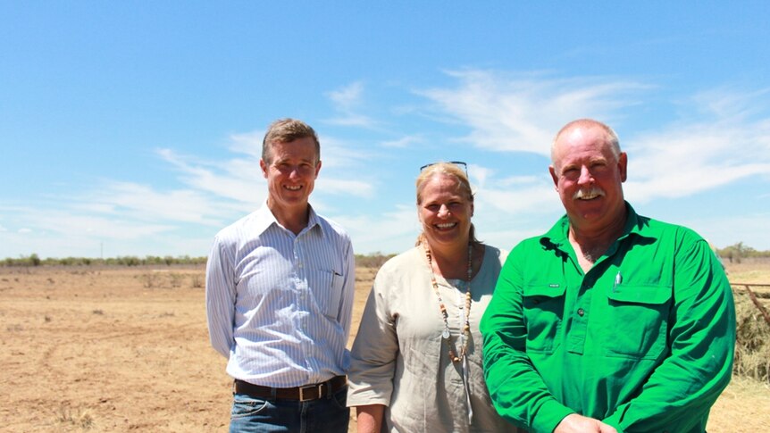 Graziers David Counsell, Lisa Magoffin and Angus Emmott in a Longreach paddock