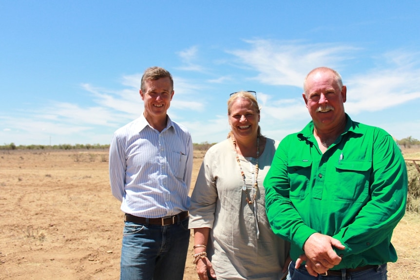 Graziers David Counsell, Lisa Magoffin and Angus Emmott in a Longreach paddock