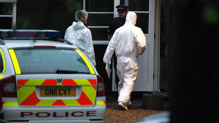 Forensic officers attend the home of Peaches Geldof near the village of Wrotham in Kent.