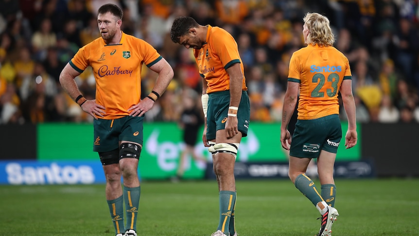 Three Wallabies players look dejected during a Test match against the Pumas.