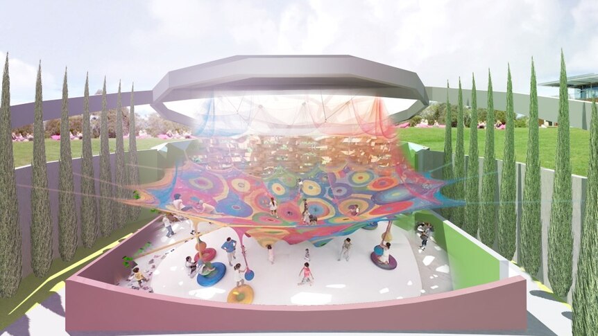 In an artist's impression children play in a playground under a multicoloured canopy. Trees line the playground