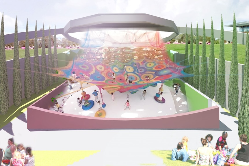 In an artist's impression children play in a playground under a multicoloured canopy. Trees line the playground