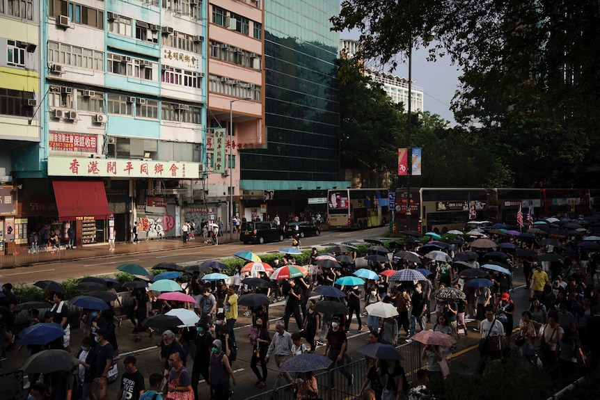 Protesters march on Nathan road during a protest in Hong Kong.