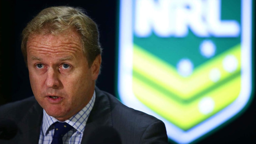 David Smith speak at an NRL press conference in February.
