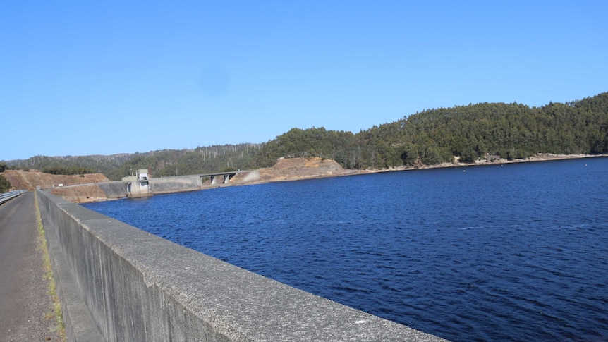 Low water levels in Hydro Tasmania's Reece Dam on the state's west coast, November 2015.
