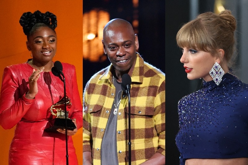 A composite pic showing Samara Joy onstage at the Grammys, Dave Chappelle at another event, and Taylor Swift on the red carpet.