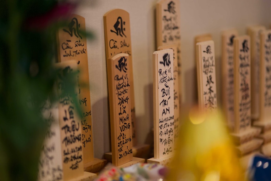 Wooden tablets with mix of Asian characters and English letters stand lined up against a wall with greenery in the foreground.