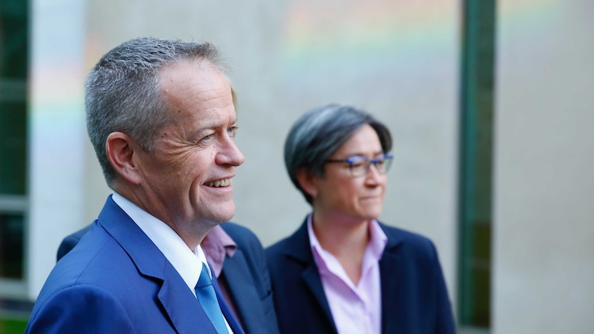 Bill Shorten and Penny Wong address the media with rainbow on wall behind
